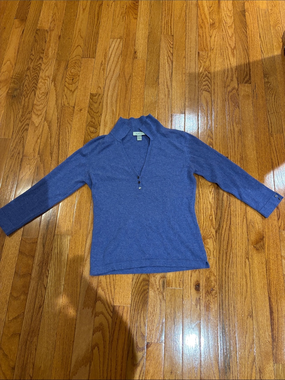 Blue Cashmere V-Neck Button Pullover Sweater